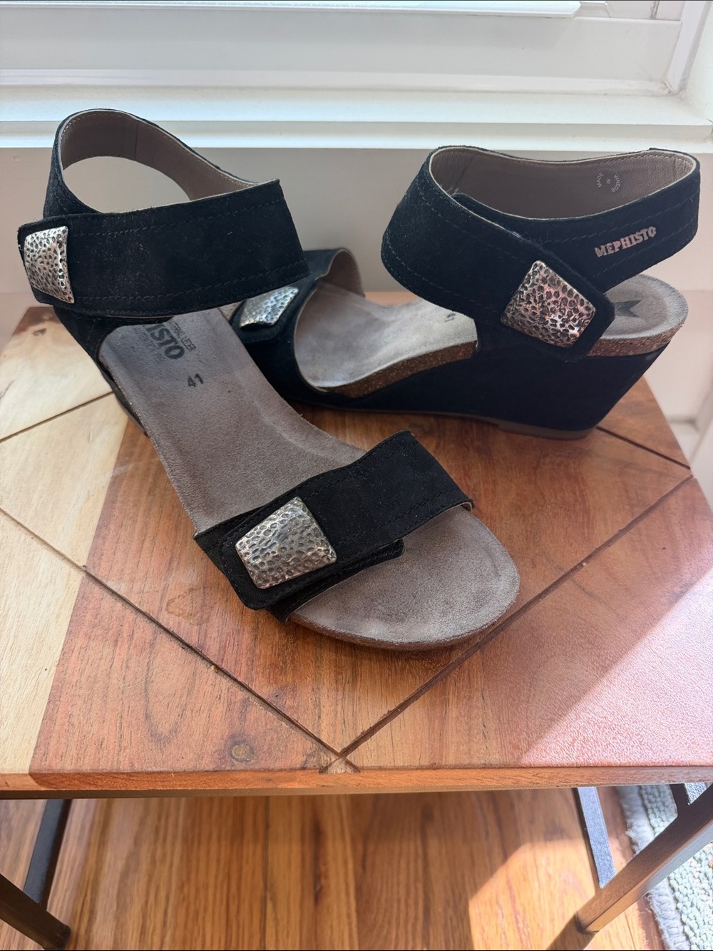 Mephisto Black Suede Wedge Sandals with Silver Tone Accents, 41 (10)